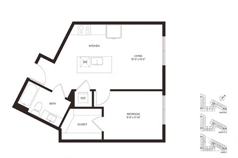 Floor plan for 1 bed, 1 bath, 630 sqft